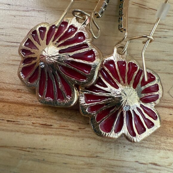 Betsey Johnson Pink & Gold Floral Drop Earrings Rhinestone, Garden Girl, Whimsy, - Picture 5 of 9